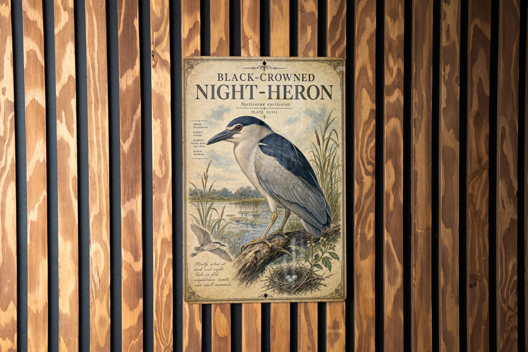 a poster of a black-crowned night-heron, which is a type of wading bird, displayed on a wooden wall.