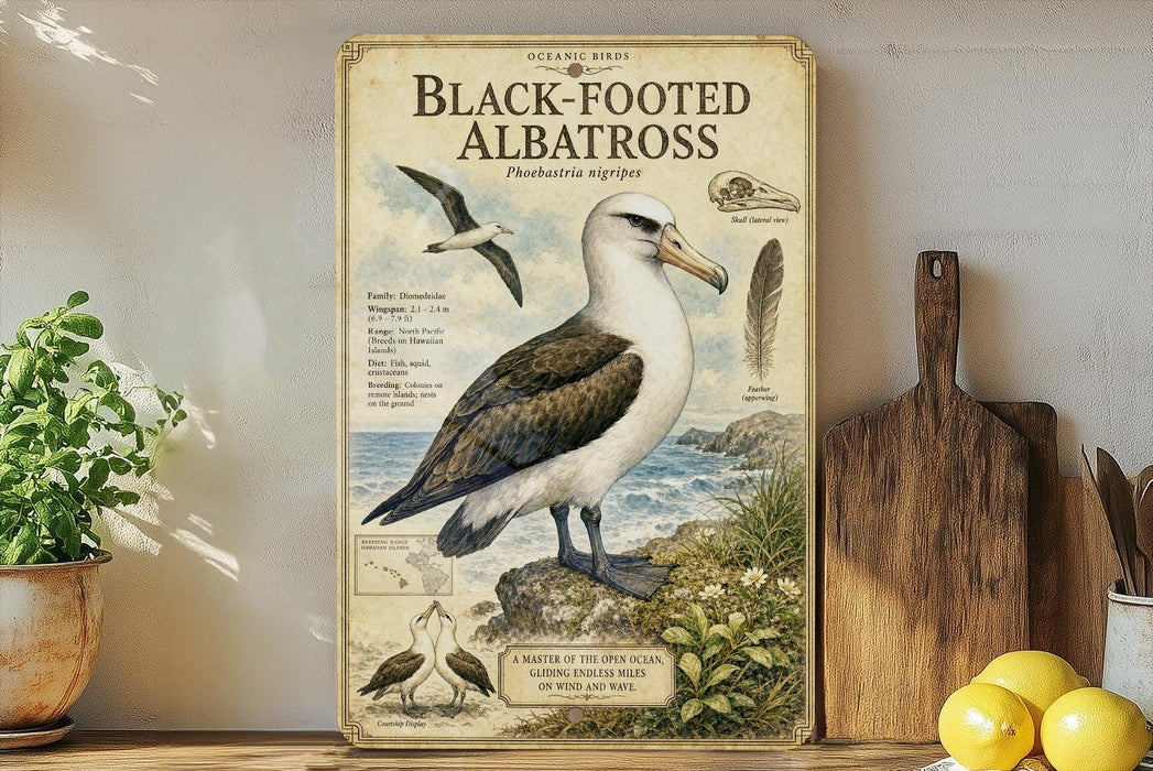 a picture of a black - footed albatross on a shelf