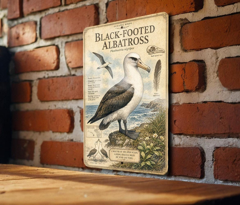 a vintage-style metal sign with illustrations and text, mounted on a brick wall.