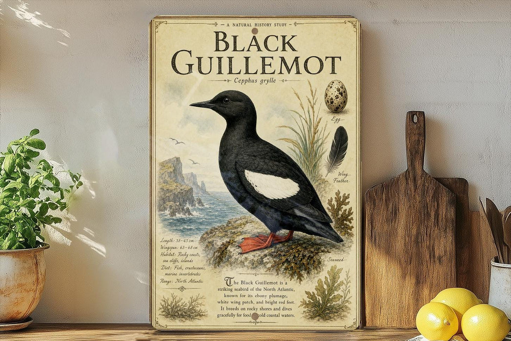 a vintage-style poster of a black guillemot, a type of bird, with illustrations and text about its natural history.