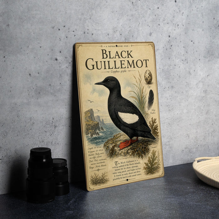 a vintage-style poster or book cover for the book "Black Guillemot" by Charles Darwin, depicting a black guillemot bird on a rocky cliff with a scenic background.