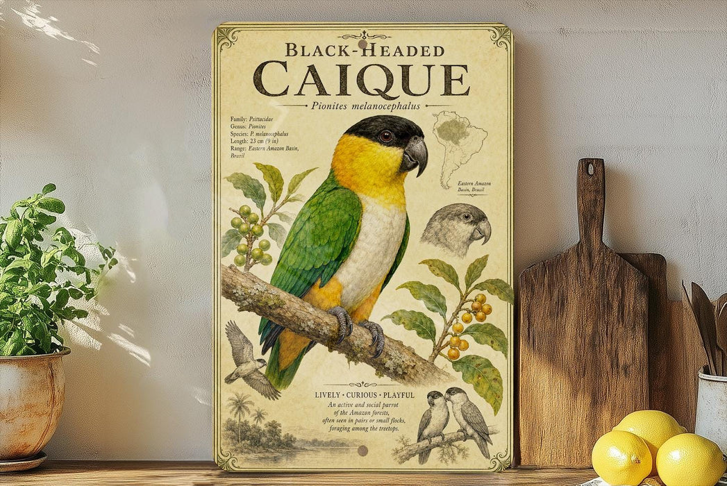a poster or painting of a colorful parrot, specifically a Black-headed Caique, perched on a branch. The poster includes illustrations and text about the bird, such as its physical features, habitat, and behavior. The poster is displayed on a shelf, with a potted plant, a cutting board, and some lemons nearby.