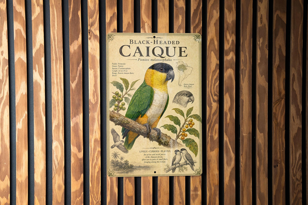a poster of a parrot, specifically a Black-headed Caique, hanging on a wooden wall.
