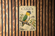 a poster of a parrot, specifically a Black-headed Caique, hanging on a wooden wall.