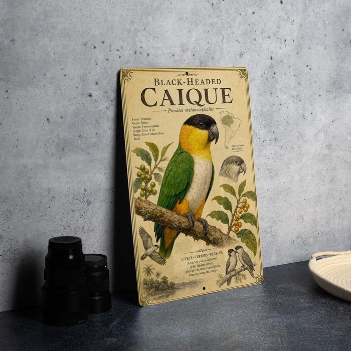 a vintage-style poster or book cover for the Black-headed Caique, a parrot species, with illustrations of the bird and its natural habitat.