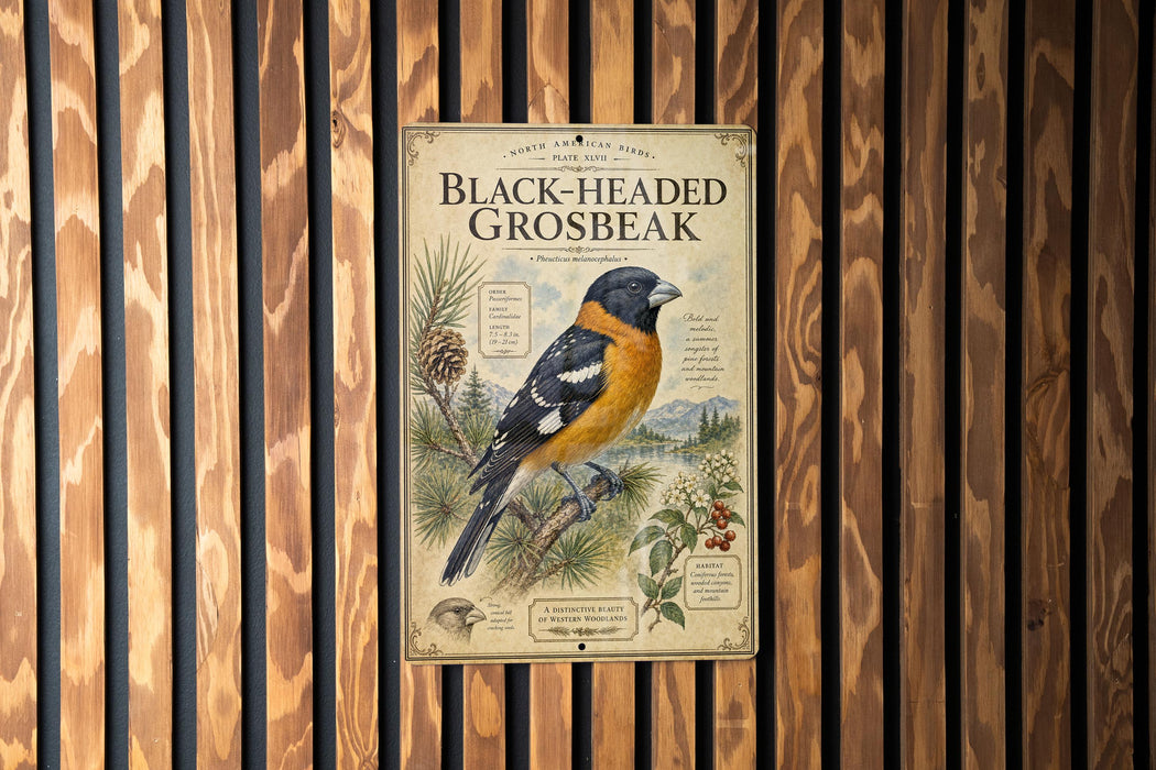 a poster of a black-headed grosbeak, which is a type of bird, displayed on a wooden wall.