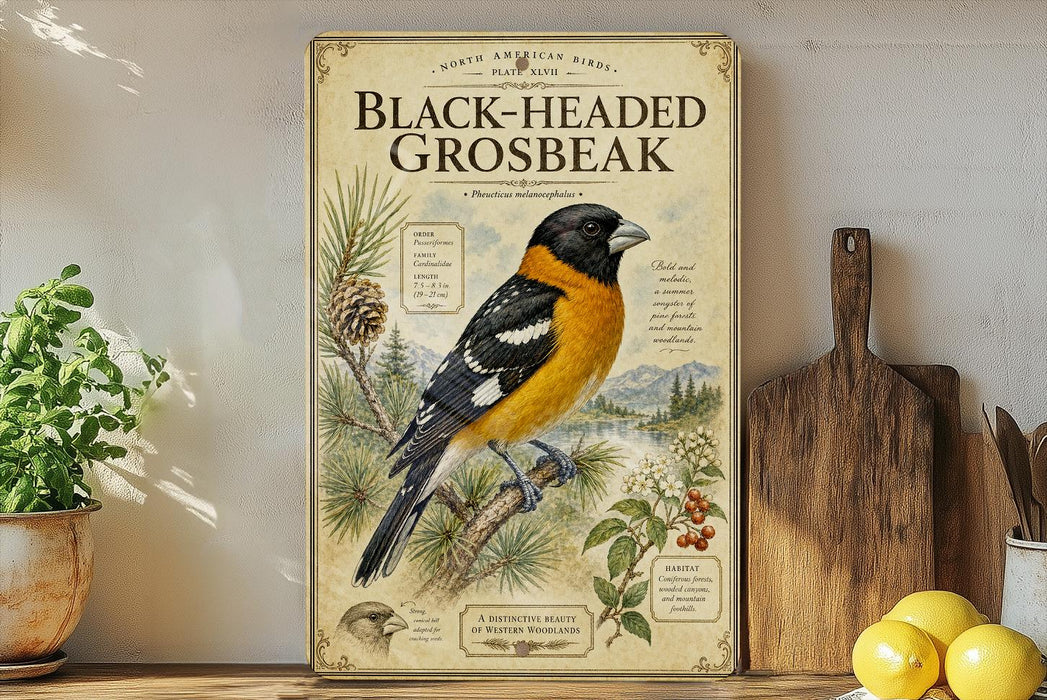 a framed illustration of a black-headed grosbeak, a bird species, on a shelf next to a wooden cutting board and some potted plants.