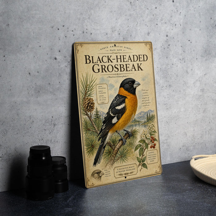 a vintage-style poster or book cover for "Black-headed Grosbeak" with a detailed illustration of the bird and its natural habitat.
