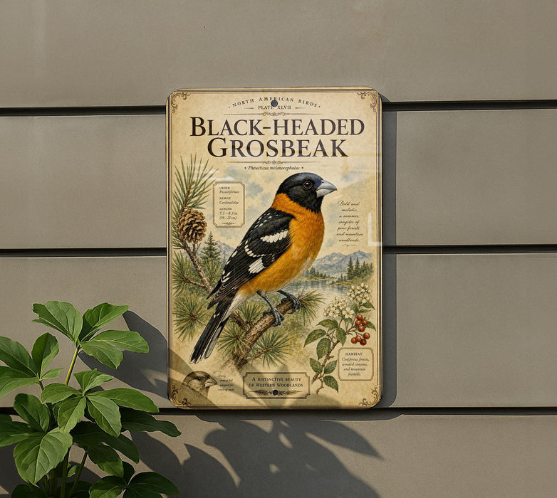 a vintage-style metal sign with a black-headed grosbeak illustration, mounted on a gray wall.