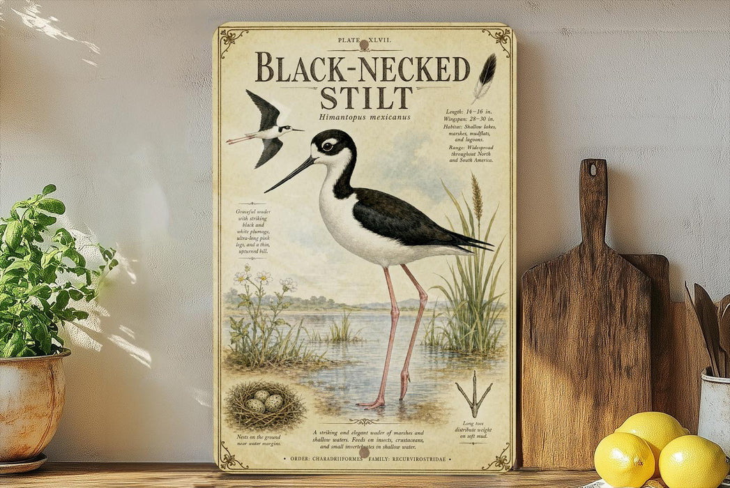 a vintage-style illustration of a black-necked stilt, a type of wading bird, standing on a wooden surface. The illustration includes a detailed depiction of the bird's appearance, habitat, and behavior. The background of the illustration depicts a natural setting with water, plants, and a bird's nest. The image also includes text that provides information about the black-necked stilt, such as its size, habitat, and behavior.