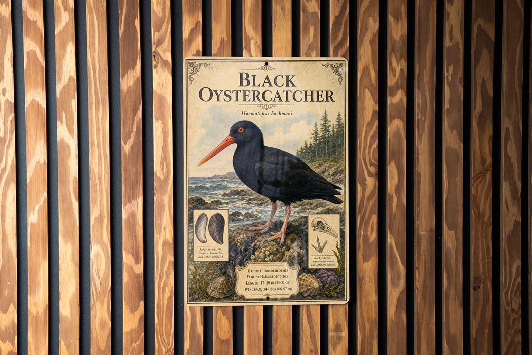 a poster of a black oystercatcher, a bird with a distinctive black plumage and orange beak, perched on a rock.