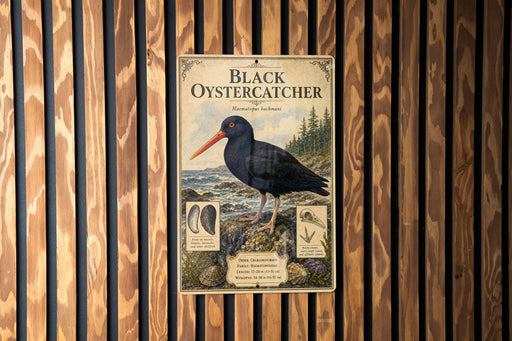 a poster of a black oystercatcher, a bird with a distinctive black plumage and orange beak, perched on a rock.