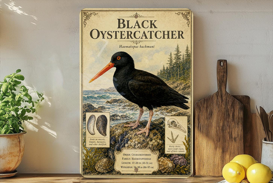 a vintage-style poster of a black oystercatcher, a type of bird, with illustrations and text about the species.