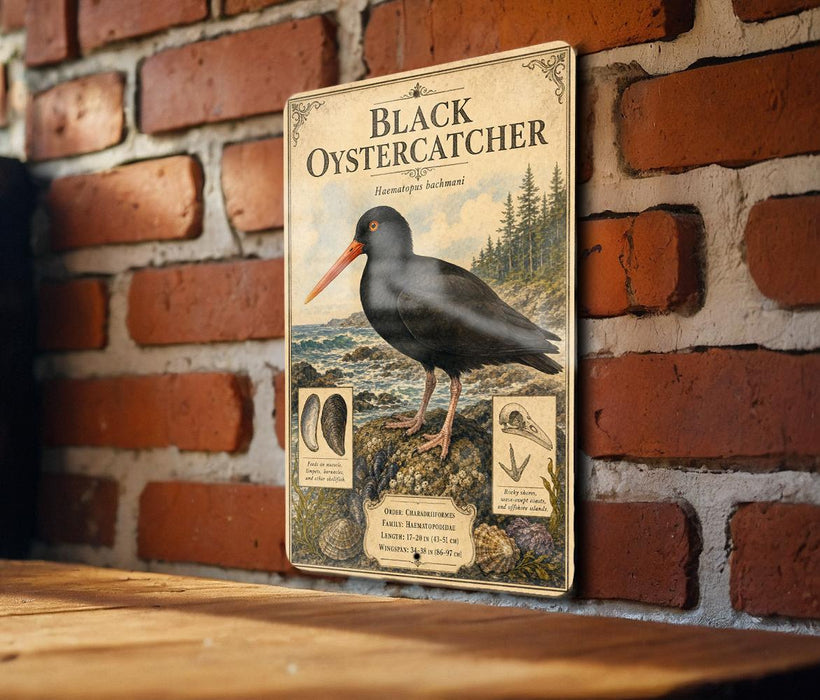a vintage-style metal sign with a black bird illustration, mounted on a brick wall.