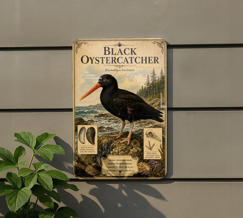 a vintage-style sign depicting a black oystercatcher, a bird known for its distinctive orange beak and black plumage. The sign is mounted on a gray wall and includes a detailed illustration of the bird and its natural habitat.