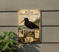a vintage-style sign depicting a black oystercatcher, a bird known for its distinctive orange beak and black plumage. The sign is mounted on a gray wall and includes a detailed illustration of the bird and its natural habitat.