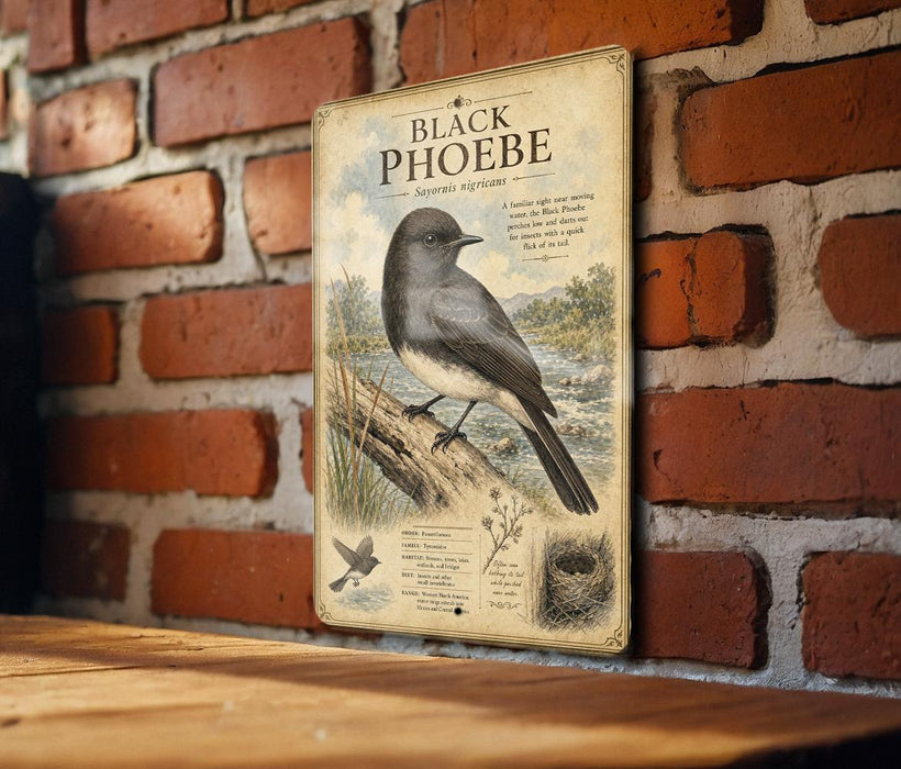 A vintage-style metal sign featuring an illustration of a black bird, likely a sparrow, perched on a branch against a brick wall.