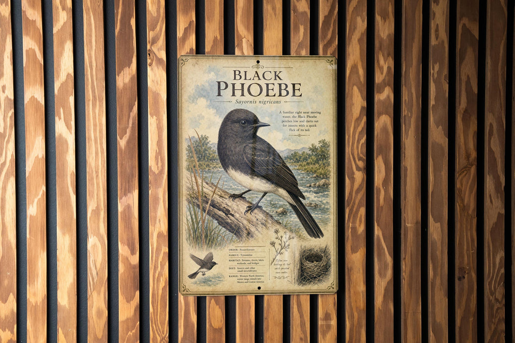 a poster of a black phoebe bird, which is a type of bird with a black body and white wings.