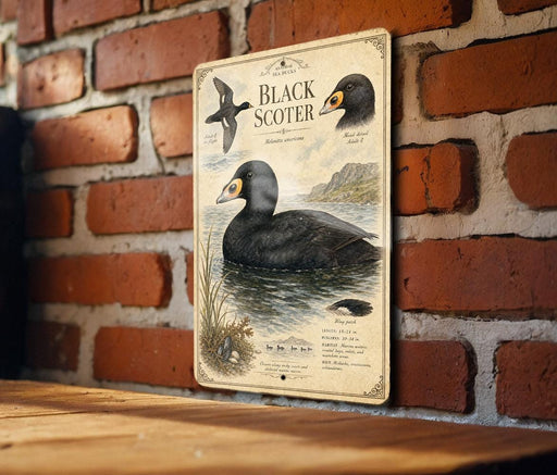 A vintage-style metal sign with illustrations and text about the Black Scoter bird, mounted on a brick wall.