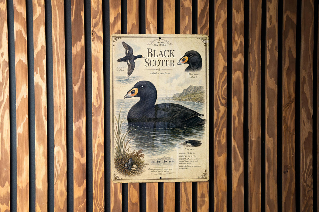 a poster of a black scoter bird, which is a type of water bird, displayed on a wooden wall.