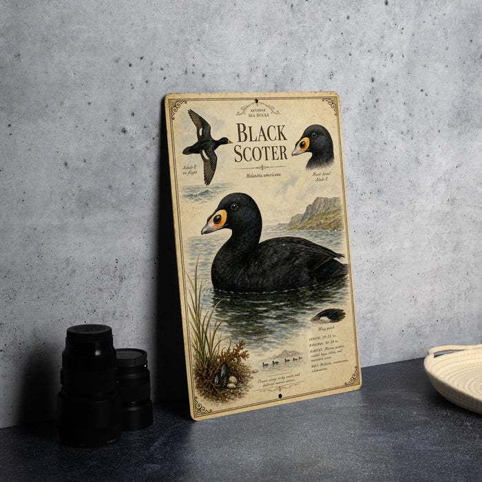 A metal sign with illustrations and text about the Black Scoter bird, placed on a table next to some black camera lenses.