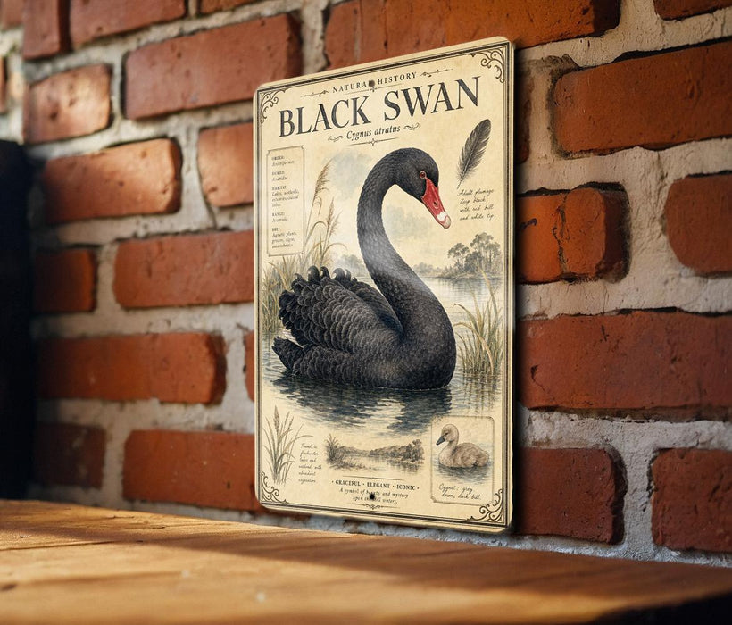 a vintage-style poster of a black swan, mounted on a brick wall.