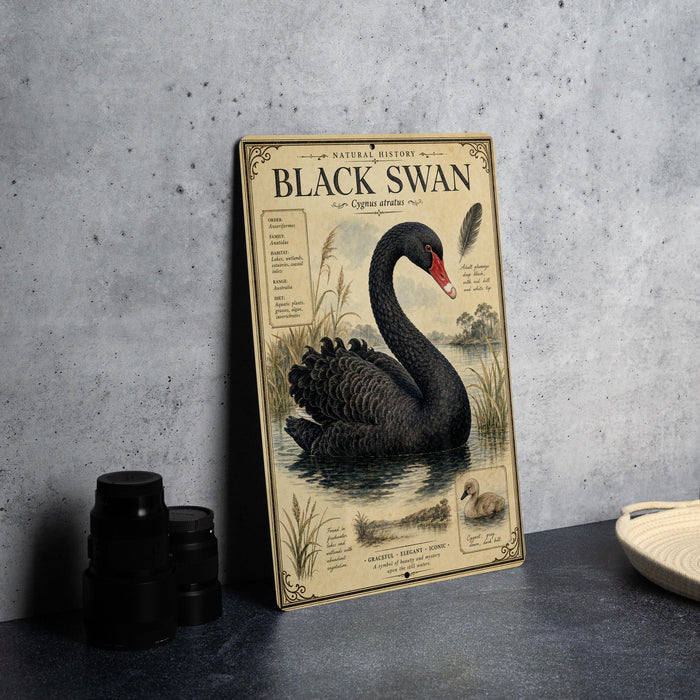 a vintage-style poster of a black swan, with illustrations and text providing information about the bird.