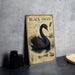 a vintage-style poster of a black swan, with illustrations and text providing information about the bird.