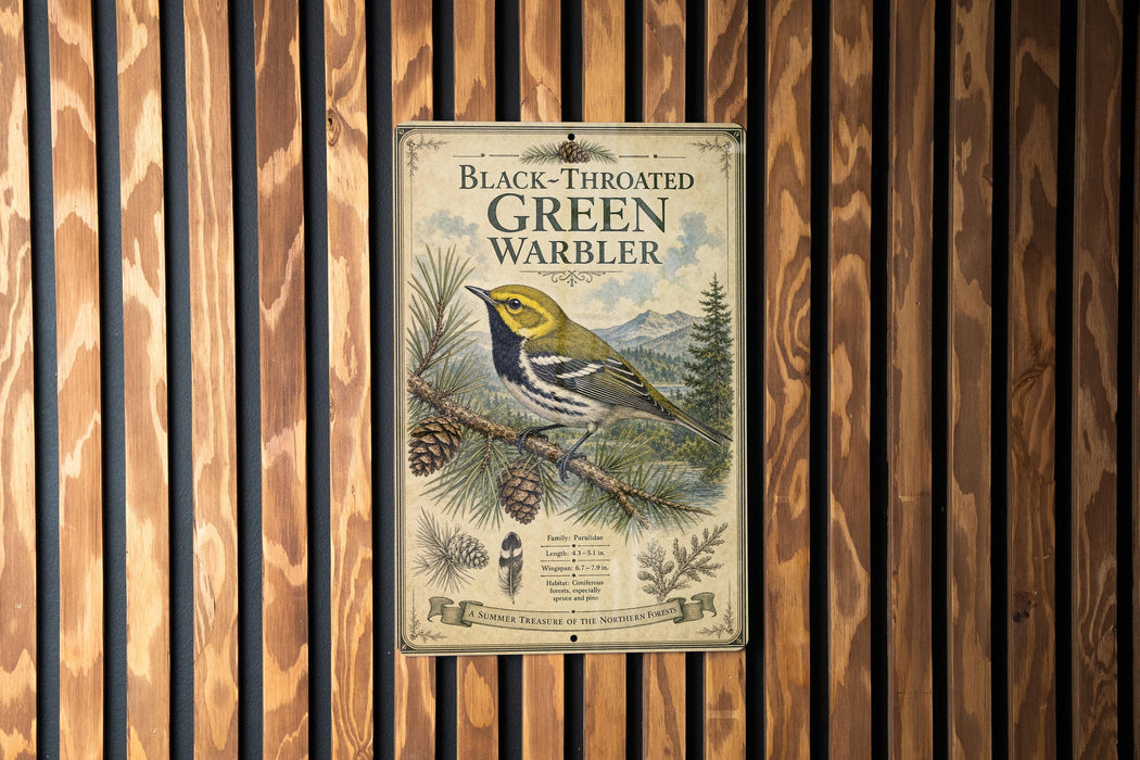 A vintage-style sign featuring a black-throated green warbler bird on a pine branch, with pine cones and pine needles in the background.
