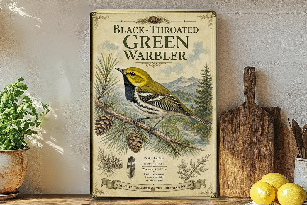 a vintage-style poster of a black-throated green warbler, a bird species known for its distinctive black and yellow plumage, perched on a pine branch. The poster is displayed on a wooden shelf, surrounded by various kitchen utensils and a potted plant.