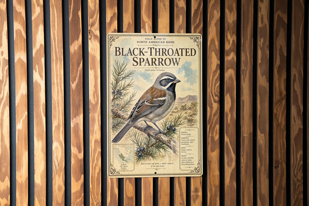 a poster of a black-throated sparrow, which is mounted on a wooden wall.