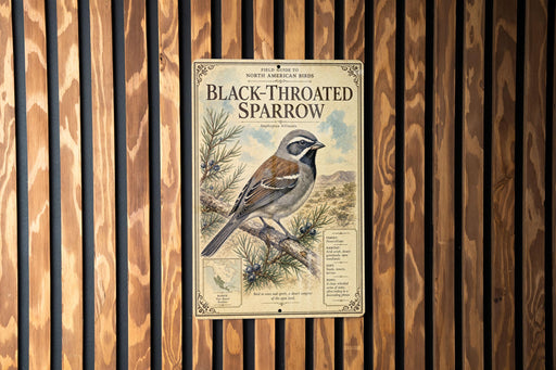 a poster of a black-throated sparrow, which is mounted on a wooden wall.