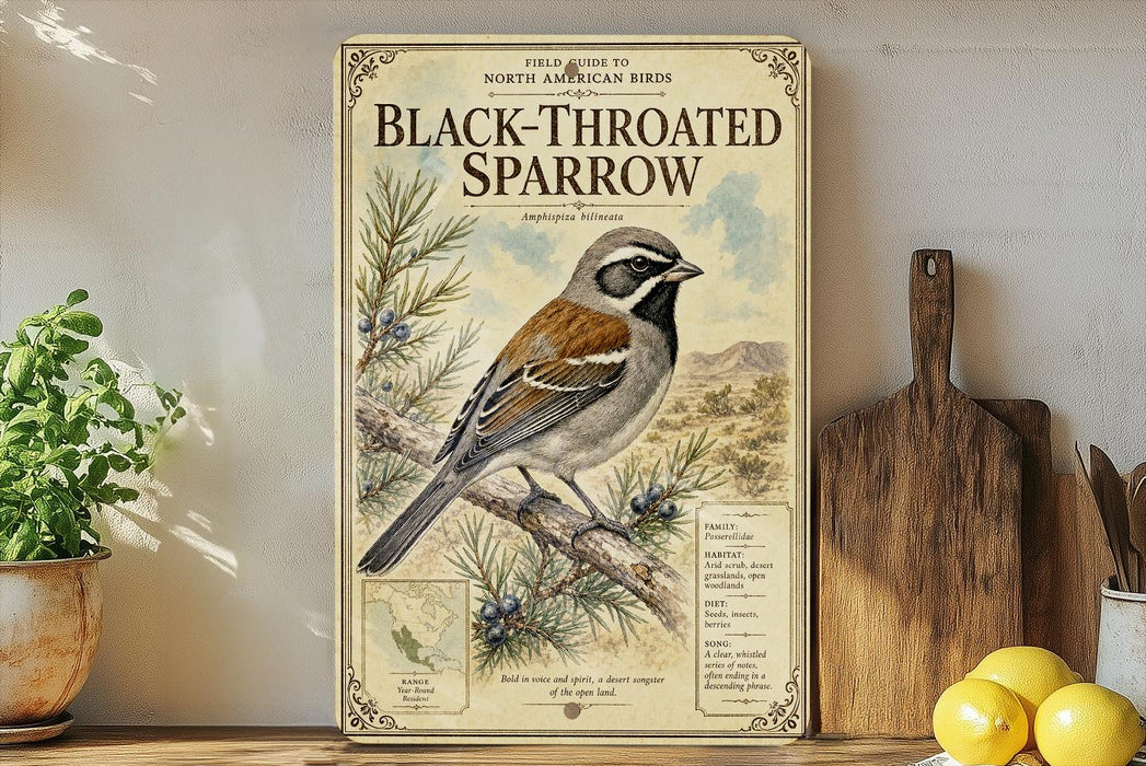 a vintage-style poster of a black-throated sparrow, with a detailed illustration of the bird perched on a branch and surrounded by pine needles and other natural elements. The poster is displayed on a shelf next to a wooden cutting board and a potted plant, creating a rustic and nature-inspired setting.