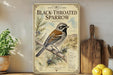 a vintage-style poster of a black-throated sparrow, with a detailed illustration of the bird perched on a branch and surrounded by pine needles and other natural elements. The poster is displayed on a shelf next to a wooden cutting board and a potted plant, creating a rustic and nature-inspired setting.