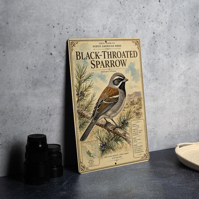 a vintage-style book or guide titled "Black-Throated Sparrow" with illustrations of a bird perched on a branch.