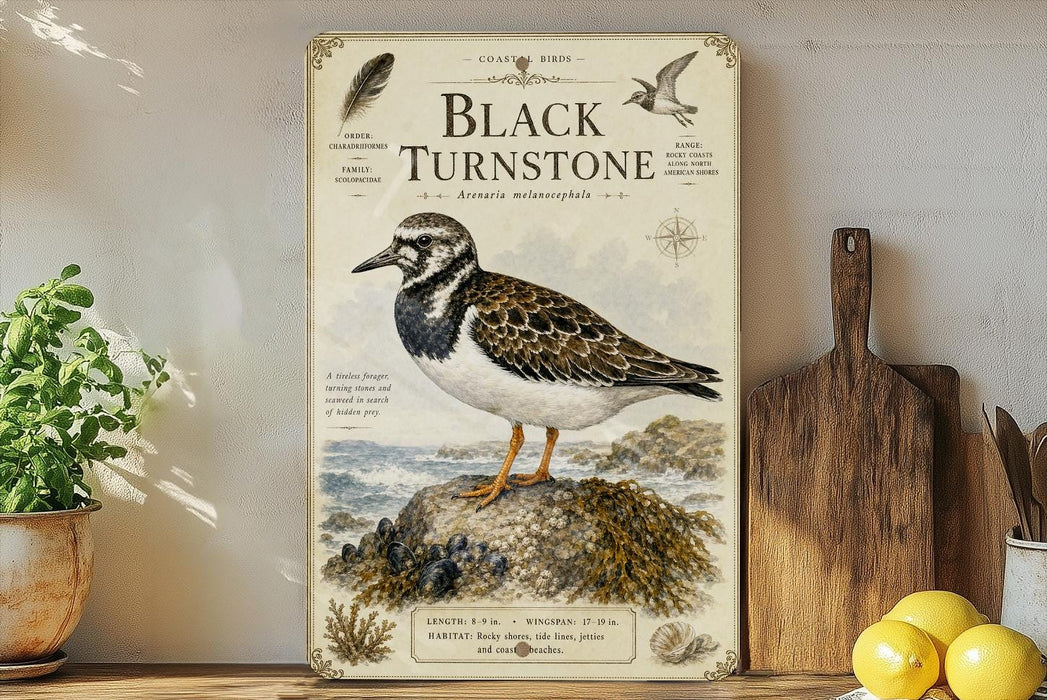 a vintage-style illustration of a black turnstone bird, specifically a sandpiper, perched on a rock. The bird is depicted in a detailed and realistic manner, with its distinctive black and white plumage and striking yellow beak. The illustration is set against a backdrop of a rocky coastline, adding to the overall aesthetic of the scene. The image is framed by a decorative border, and there are some potted plants and other objects in the background, creating a sense of depth and context.
