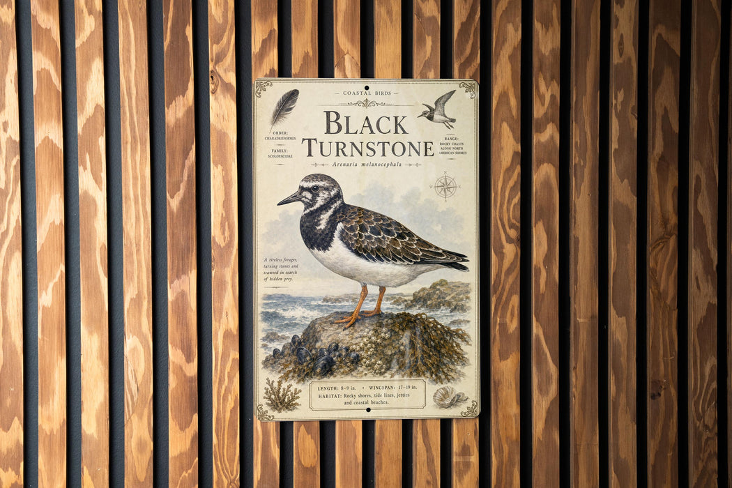 a vintage-style poster or sign with a black and white illustration of a bird, likely a sandpiper, perched on a rock. The poster is mounted on a wooden wall with vertical slats.