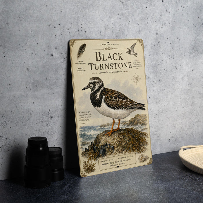 a metal sign with an illustration of a bird, specifically a black turnstone, standing on a rock.