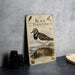 a metal sign with an illustration of a bird, specifically a black turnstone, standing on a rock.