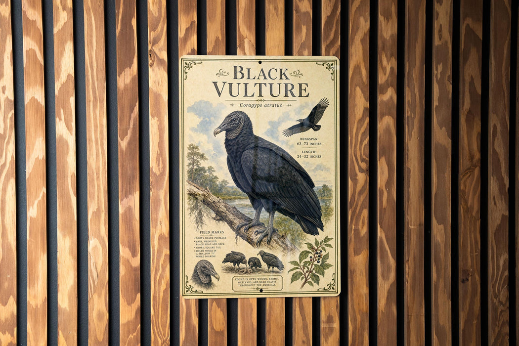 a poster of a black vulture, which is mounted on a wooden wall.