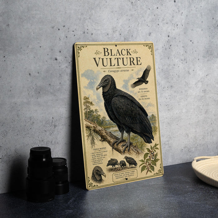 a vintage-style poster or book cover titled "Black Vulture" with illustrations of a black vulture and other wildlife.