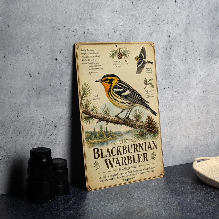 a vintage-style metal sign with illustrations and text about the Blackburnian Warbler, a bird species native to the northern forests of Central America.