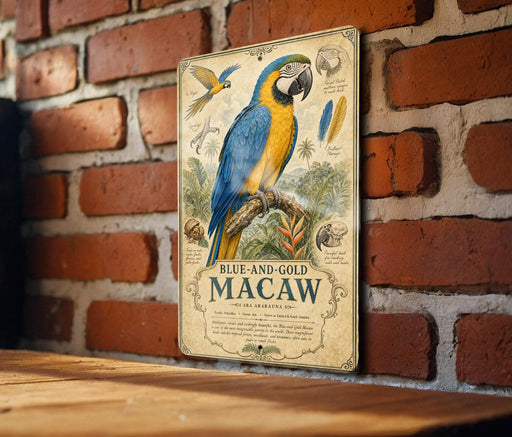 A vintage-style metal sign featuring a blue and gold macaw perched on a branch, with illustrations and text providing information about the bird.