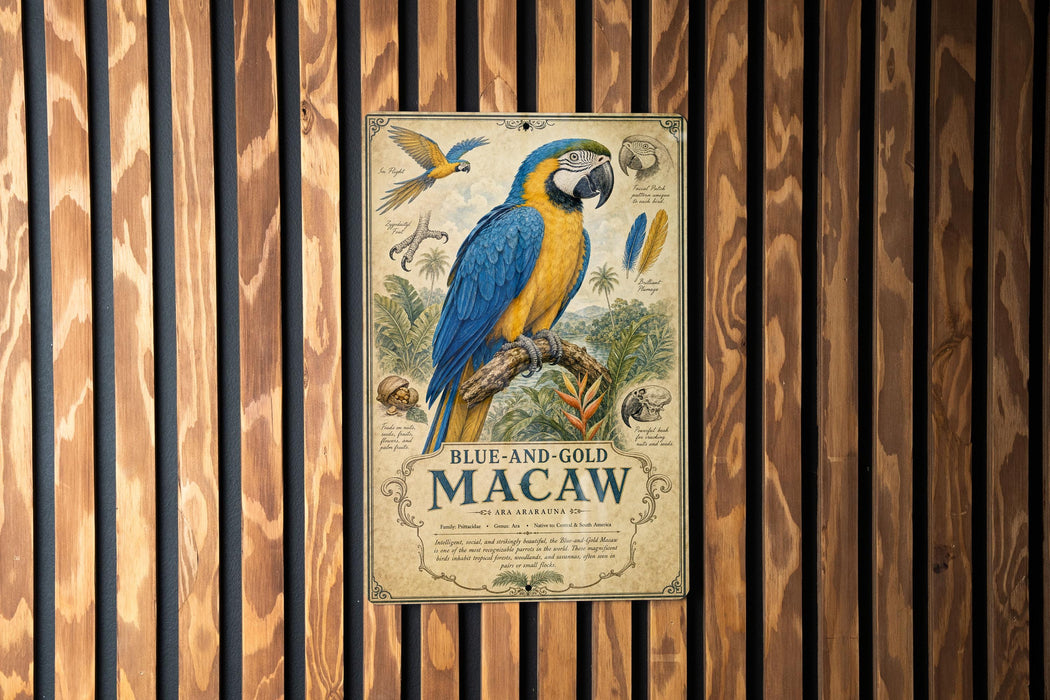 A vintage-style poster featuring a blue and gold macaw perched on a branch, surrounded by various tropical birds and foliage.