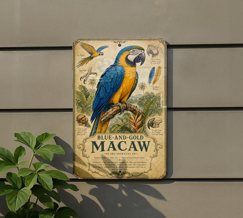 a vintage-style sign with a blue and gold macaw perched on a branch, surrounded by various illustrations and text.