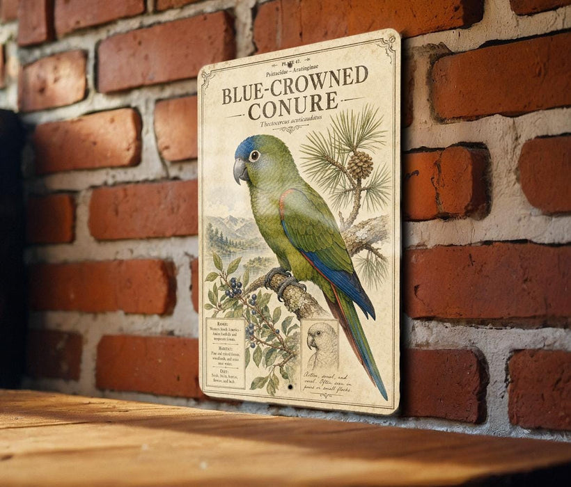 a vintage-style metal sign with a detailed illustration of a blue-crowned conure parrot perched on a branch.