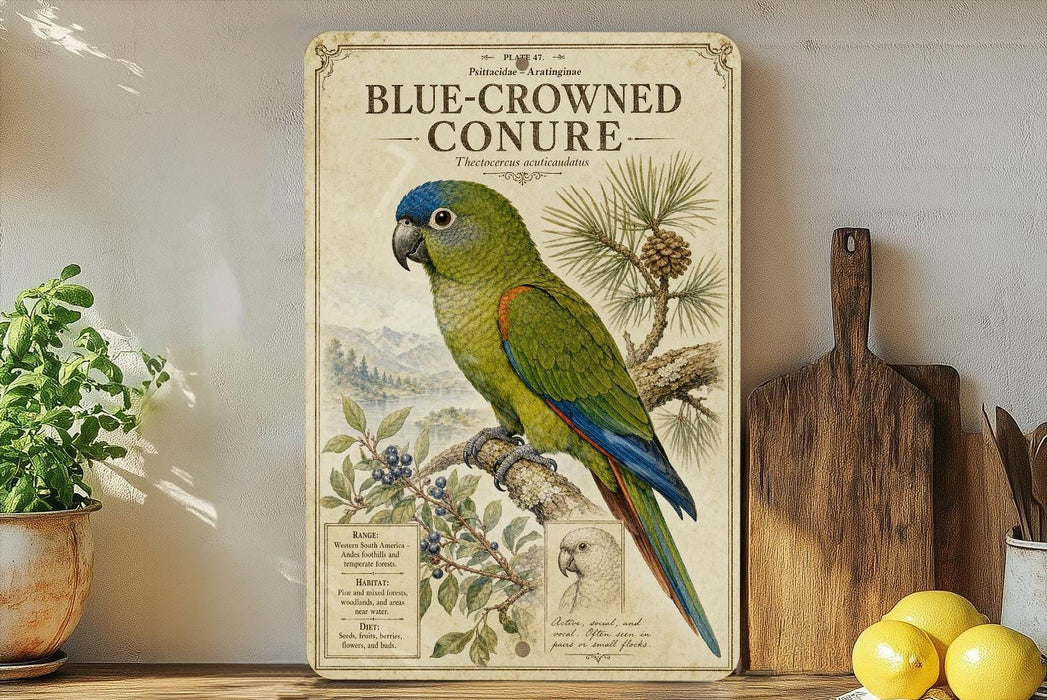 a vintage-style poster of a blue-crowned conure parrot, with illustrations of the bird and its natural habitat. The poster is displayed on a shelf next to a wooden cutting board and a potted plant.