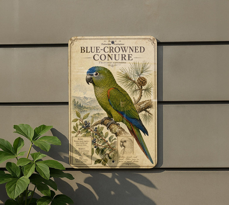 a vintage-style metal sign with a colorful illustration of a blue-crowned conure parrot perched on a branch.