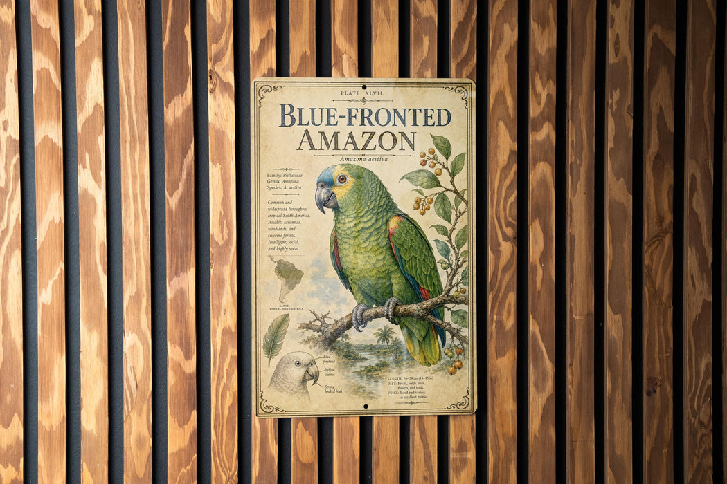 A vintage-style metal sign with a colorful illustration of a parrot, mounted on a wooden wall.