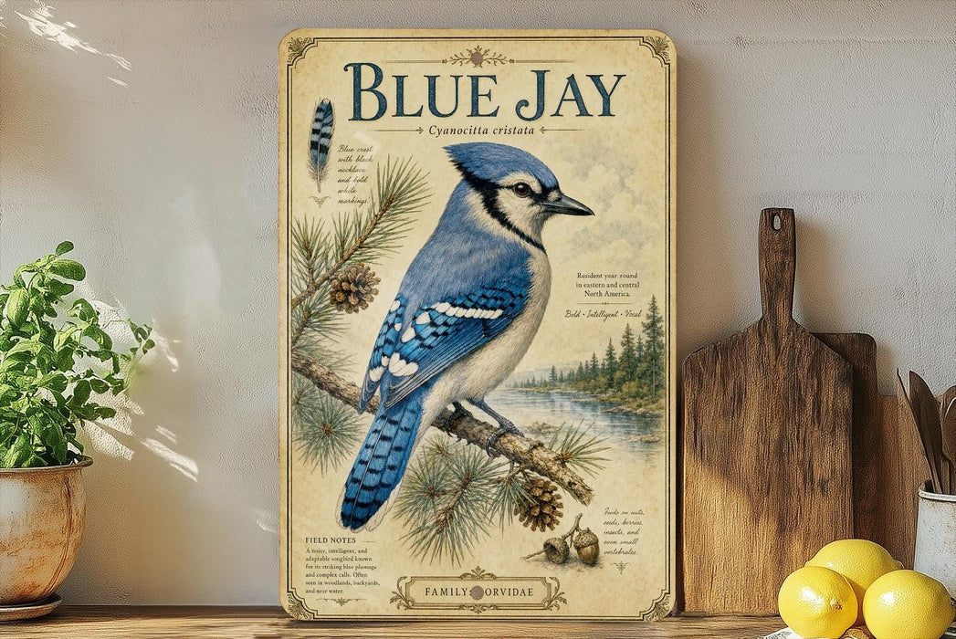 A vintage-style poster of a blue jay is displayed on a shelf, accompanied by a potted plant, a wooden cutting board, and some lemons.